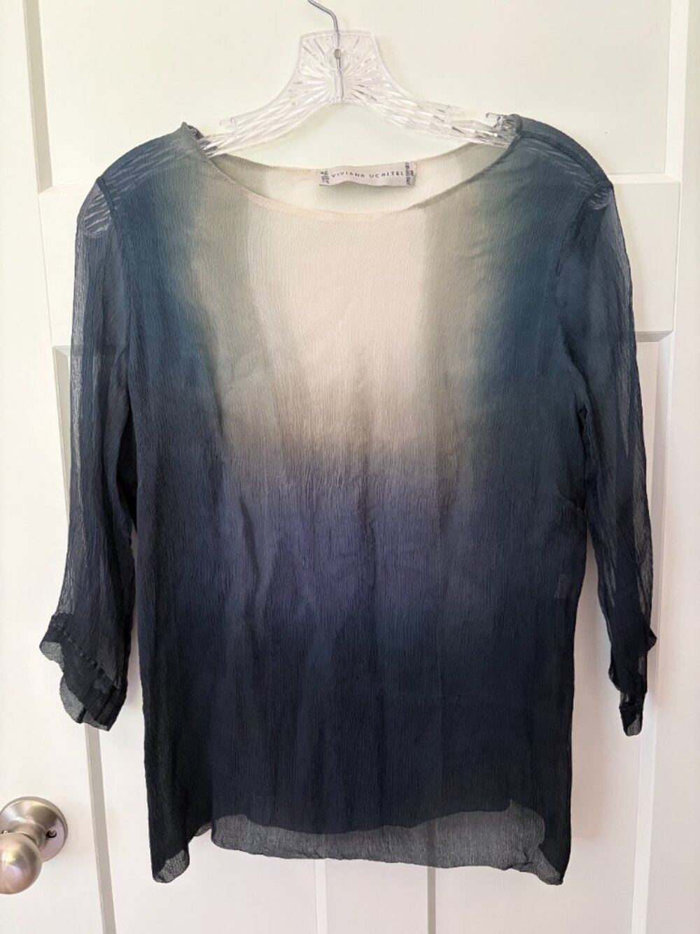 Viviana Uchitel 100% Silk Blouse Size 2 Ombre Sheer Crinkle Tunic Blue Gray